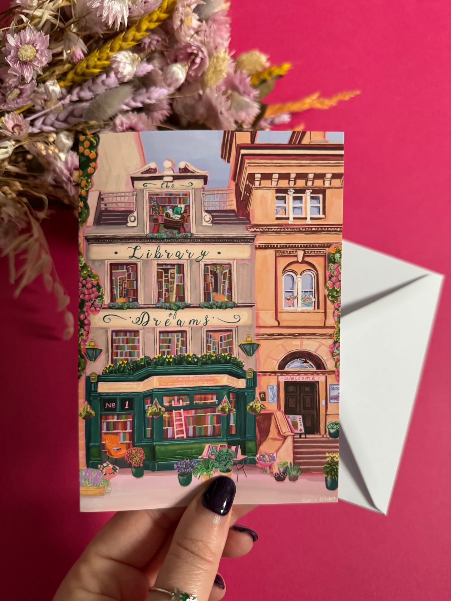 4 storey town house library with windows showing bookcases stacked full of books, covered with flowers & plants. A fantasy library perfect for cosying up with a good book designed by Rebecca Elizabeth Draws