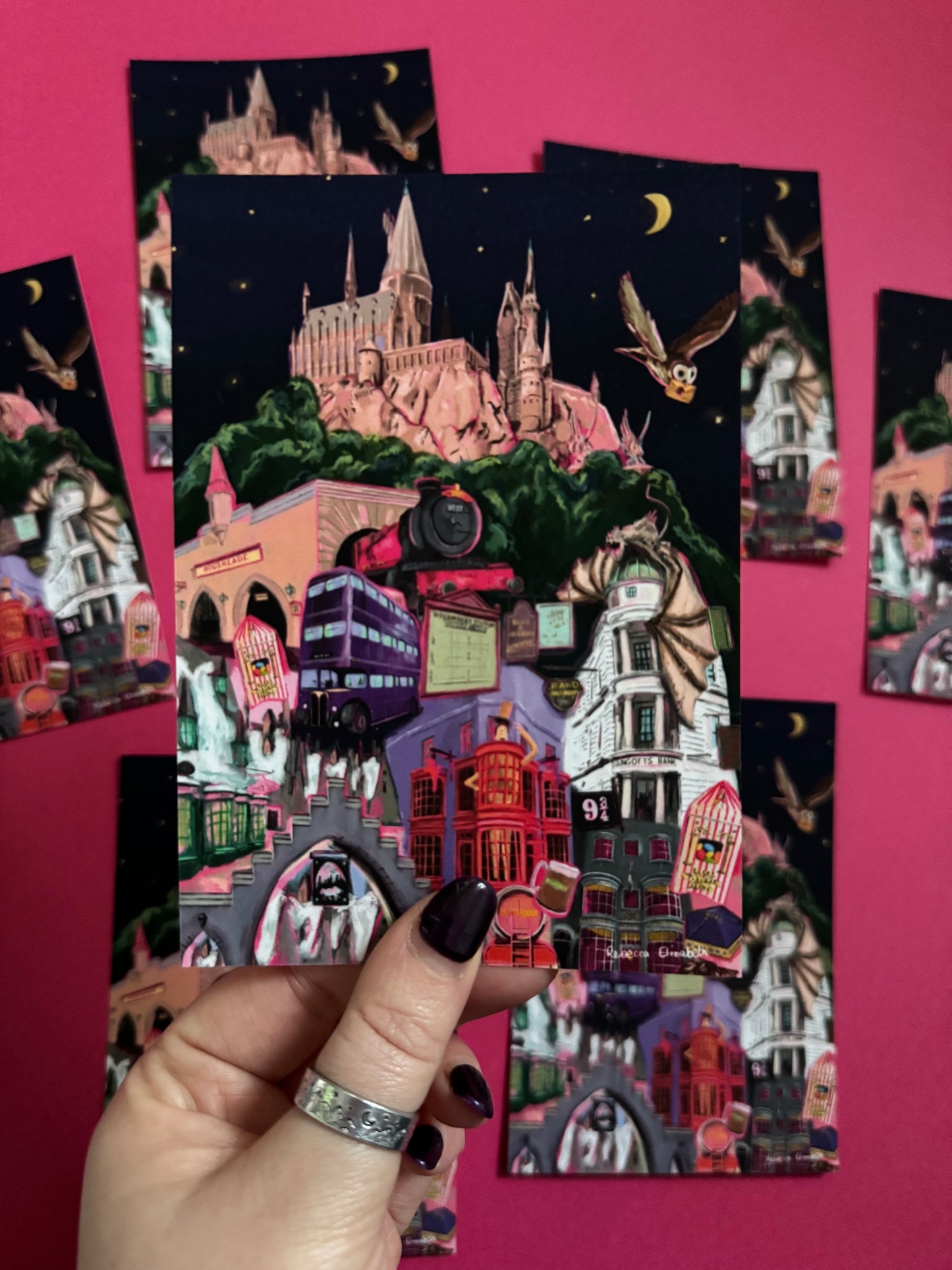 Illustrated postcard inspired by the Wizarding World of Harry Potter in Orlando Florida, with Hogwarts, Hogsmeade, Hogwarts express, an owl, Ollivanders, Gringotts, the knight bus & much more. This print is for all the Potterhead’s designed by Rebecca Elizabeth draws.