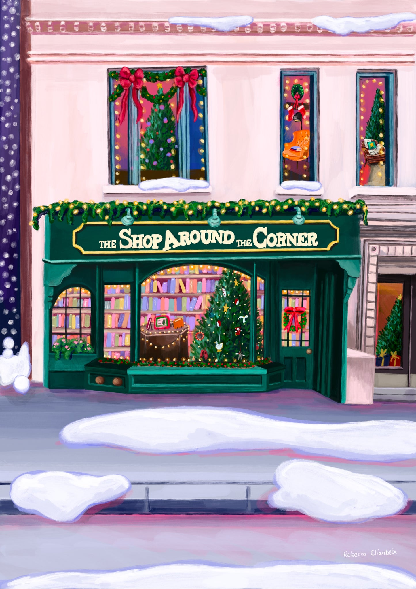 Christmas Illustration inspired by the film You’ve Got Mail. The Shop Around the Corner is a cosy & whimsical bookshop owned by Kathleen Kelly, inside is lots of fairy lights, Christmas trees, books and baubles. Outside you can see snow and inside the cosy windows with festive decor. Designed by Rebecca Gibbs at Rebecca Elizabeth Draws.