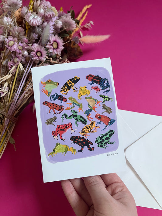 A collection of vibrant froggies to bring a pop of colour to your life. Hand painted rainforest frogs in gouache and edited digitally into a collaged design on a purple background with a pink back and the Rebecca Elizabeth Draws logo.