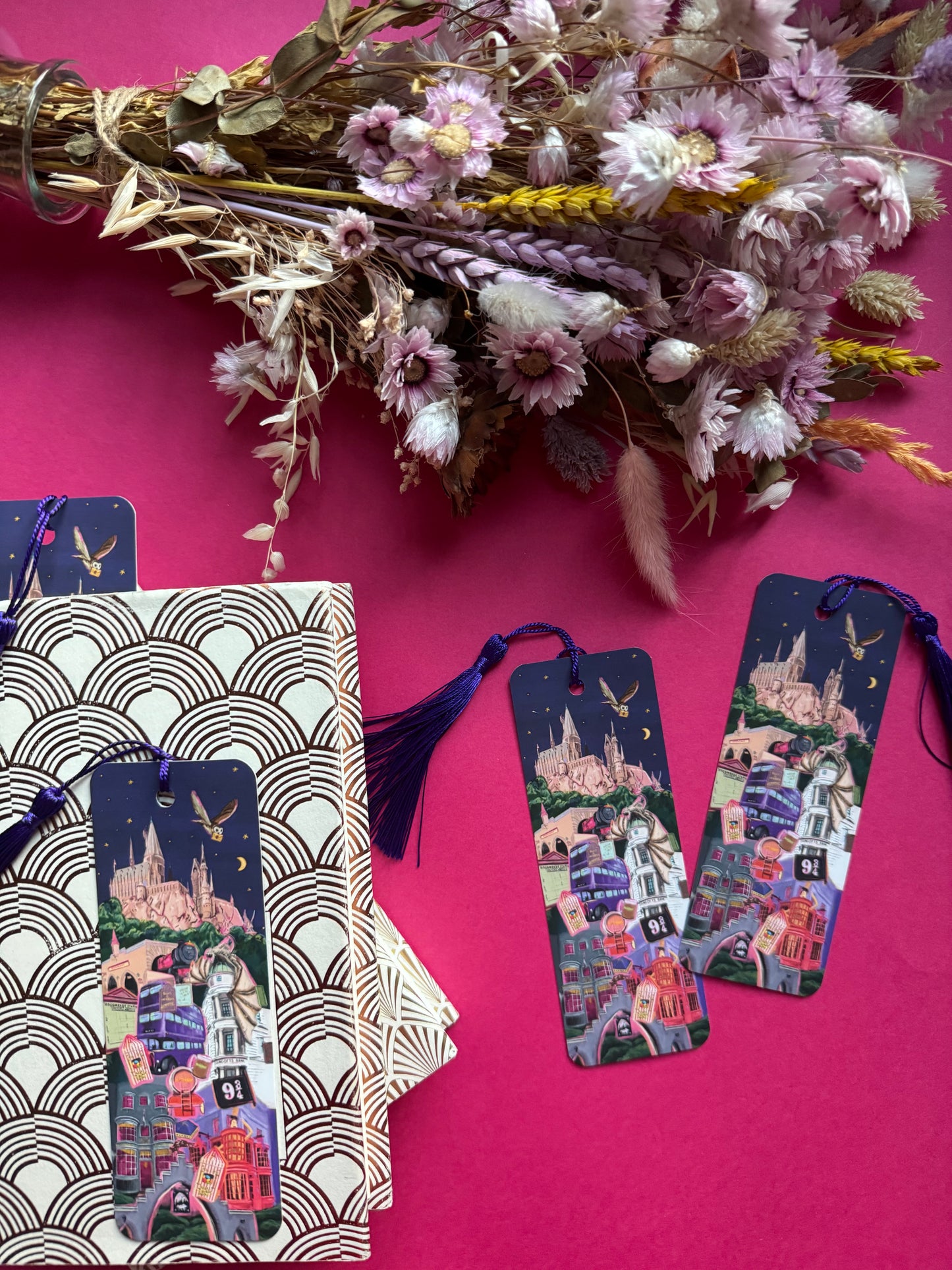 Illustrated bookmark inspired by the Wizarding World of Harry Potter in Orlando Florida, with Hogwarts, Hogsmeade, Hogwarts express, an owl, Ollivanders, Gringotts, the knight bus & much more. This print is for all the Potterhead’s designed by Rebecca Elizabeth draws.
