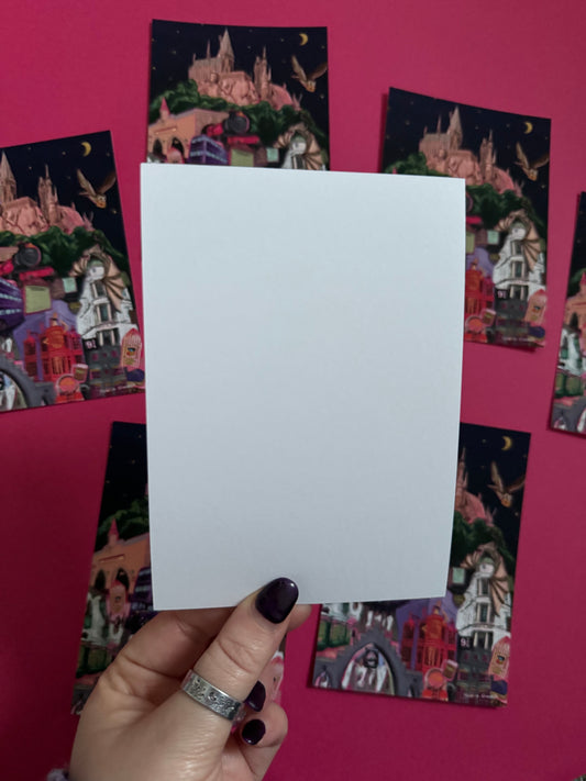 Illustrated postcard inspired by the Wizarding World of Harry Potter in Orlando Florida, with Hogwarts, Hogsmeade, Hogwarts express, an owl, Ollivanders, Gringotts, the knight bus & much more. This print is for all the Potterhead’s designed by Rebecca Elizabeth draws.