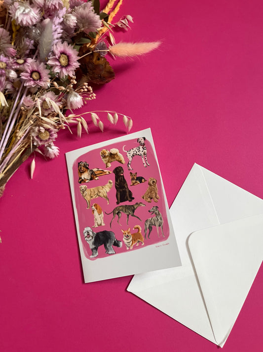 Hand drawn illustration of dogs, from whippets, lurchers, Labradors and Yorkshire terriers and much more. All drawn in a collection on a pink background with a dark green back and the Rebecca Elizabeth Draws logo.