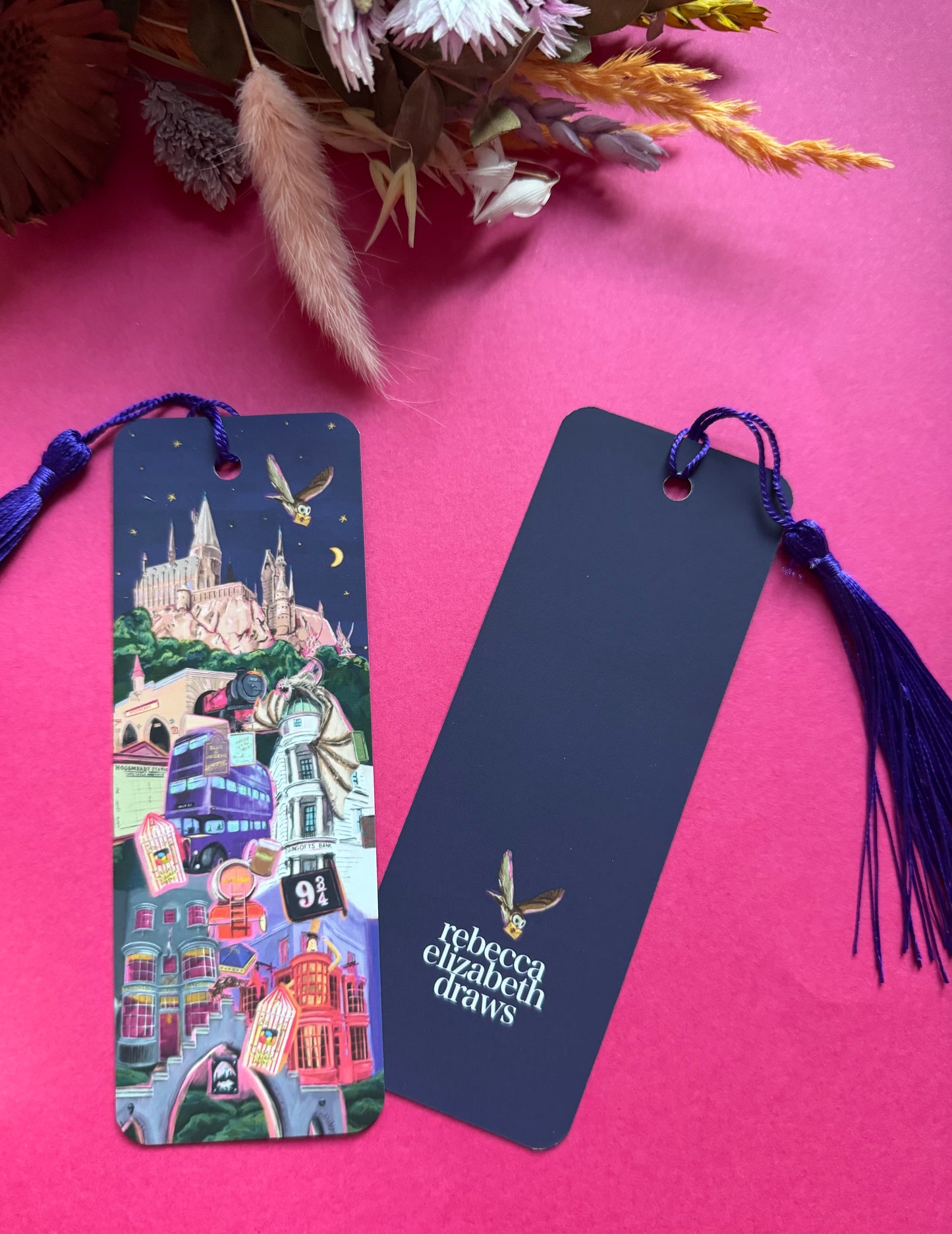 Illustrated bookmark inspired by the Wizarding World of Harry Potter in Orlando Florida, with Hogwarts, Hogsmeade, Hogwarts express, an owl, Ollivanders, Gringotts, the knight bus & much more. This print is for all the Potterhead’s designed by Rebecca Elizabeth draws.