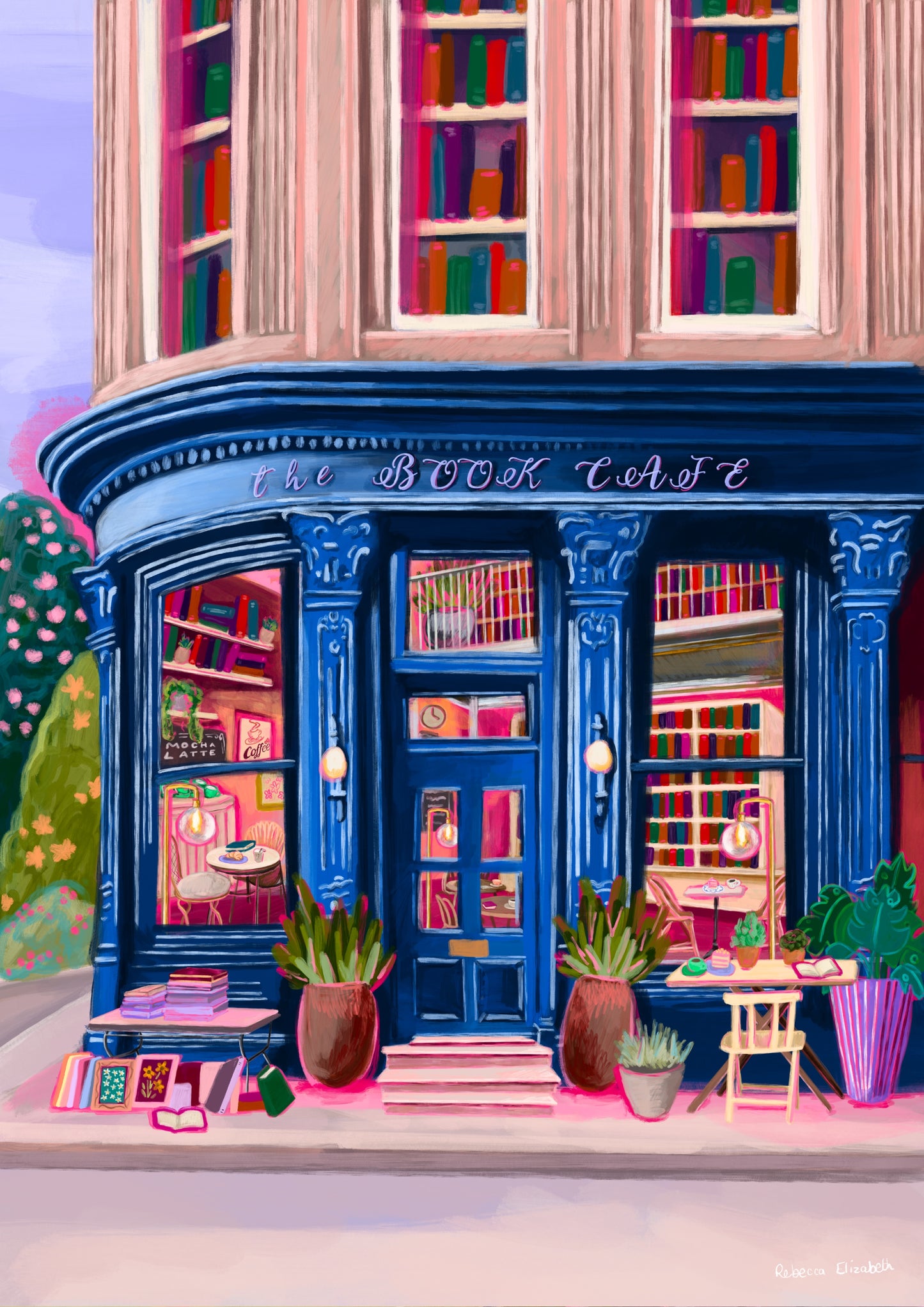 Store front illustration in a deep blue with antique vintage design, inside the book café is a bookcase with jewel tone books, a coffee stand with mugs & cake. The are tables inside and out and upstairs are 3 windows with shelves of books inside. Designed by Rebecca Elizabeth Draws.