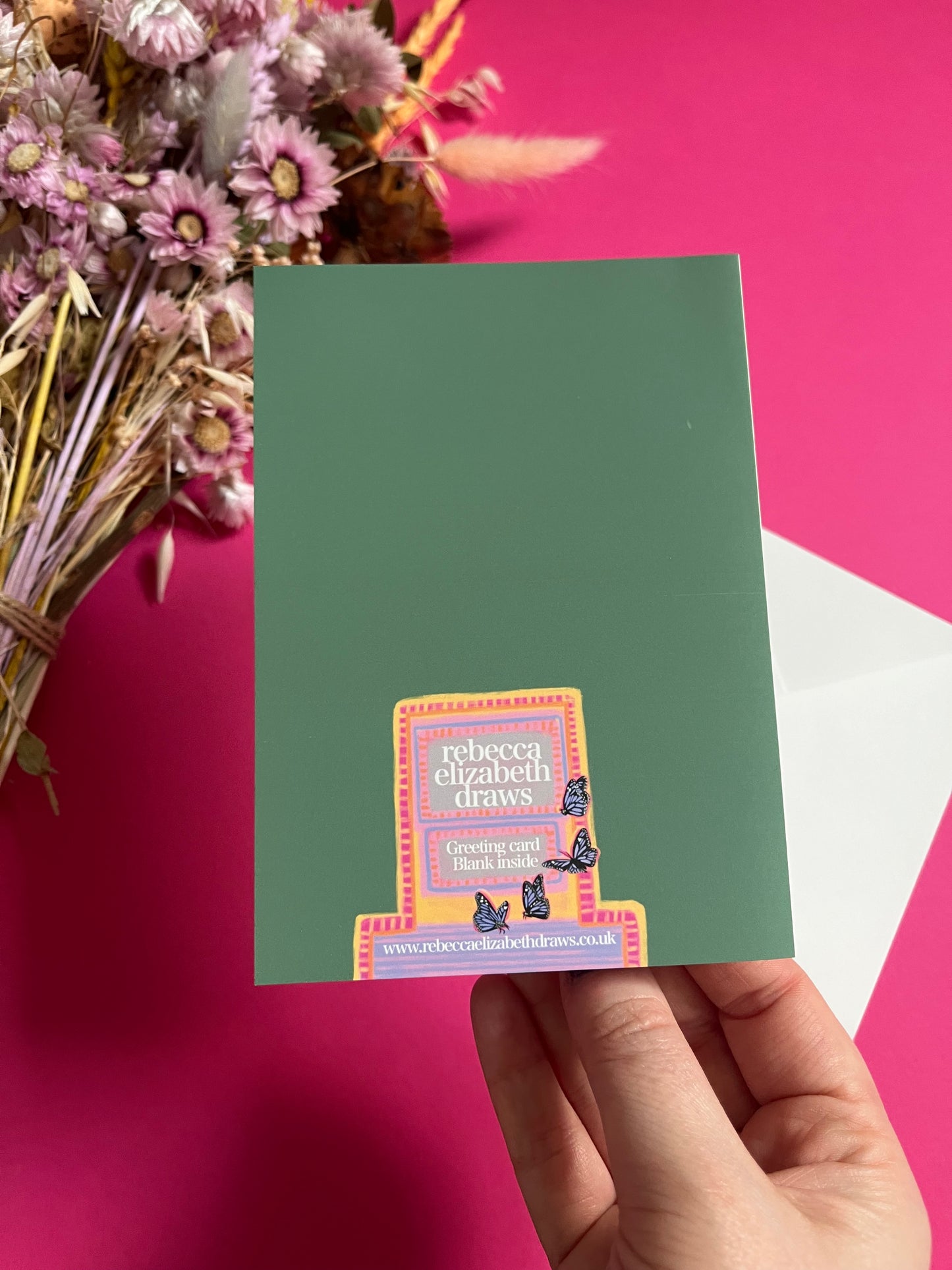 Hand drawn illustration of dogs, from whippets, lurchers, Labradors and Yorkshire terriers and much more. All drawn in a collection on a pink background with a dark green back and the Rebecca Elizabeth Draws logo.