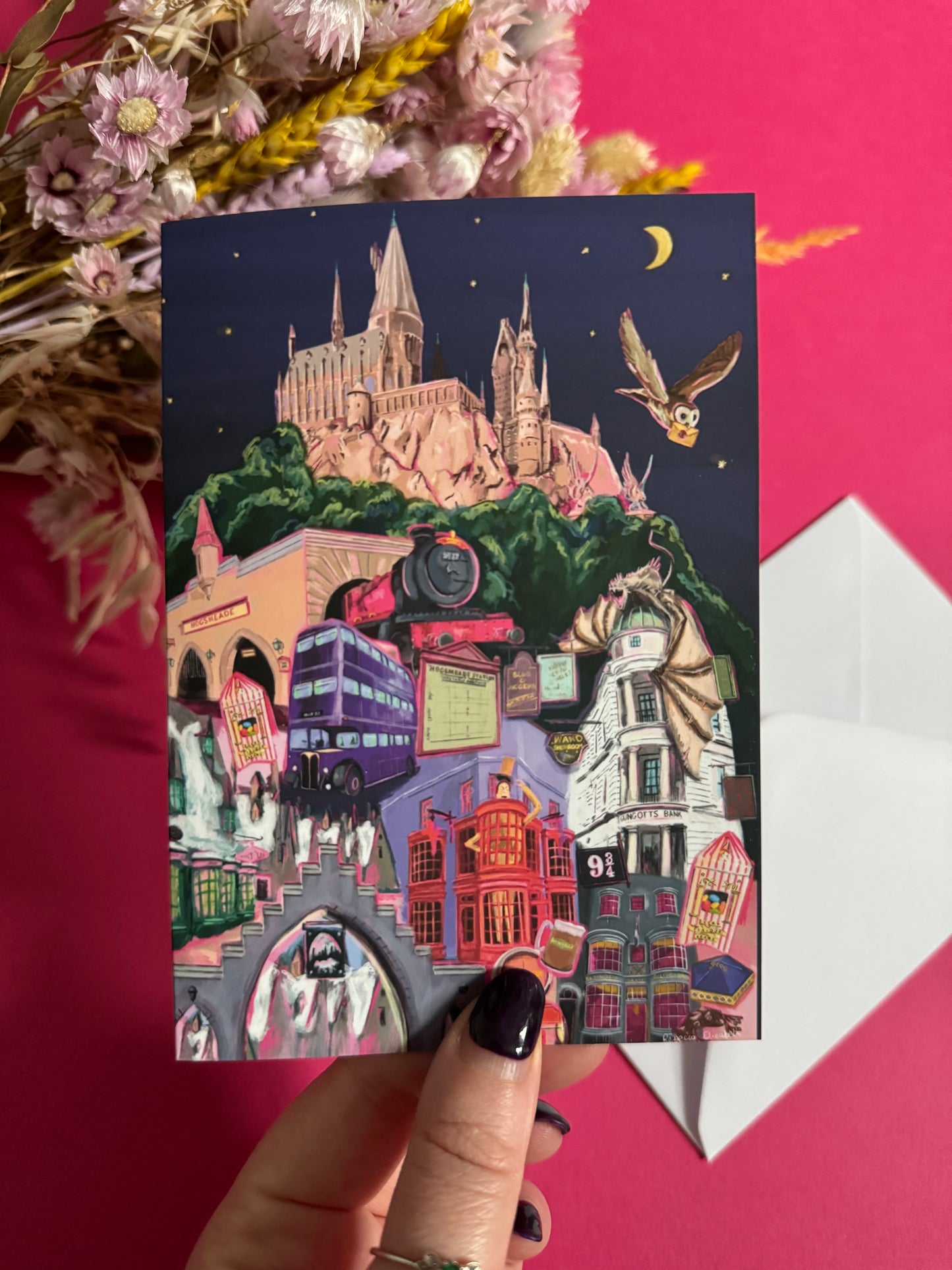 Illustration inspired by the Wizarding World of Harry Potter in Orlando Florida, with Hogwarts, Hogsmeade, Hogwarts express, an owl, Ollivanders, Gringotts, the knight bus & much more. This print is for all the Potterhead’s designed by Rebecca Elizabeth draws.