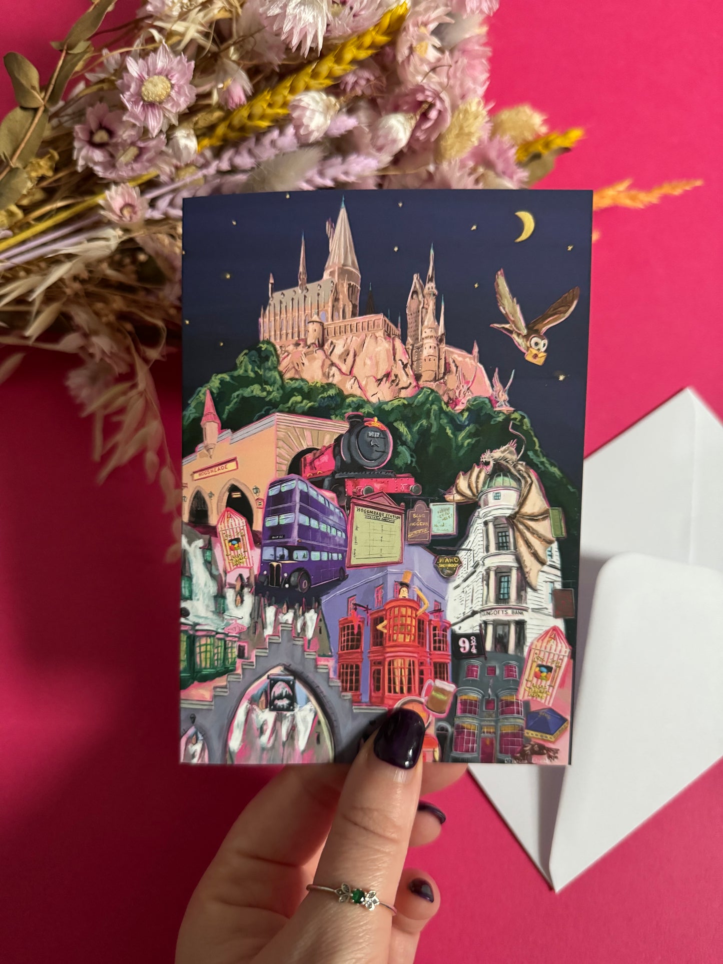 Illustration inspired by the Wizarding World of Harry Potter in Orlando Florida, with Hogwarts, Hogsmeade, Hogwarts express, an owl, Ollivanders, Gringotts, the knight bus & much more. This print is for all the Potterhead’s designed by Rebecca Elizabeth draws.