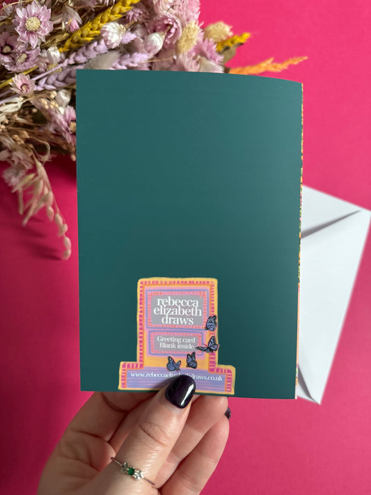 4 storey town house library with windows showing bookcases stacked full of books, covered with flowers & plants. A fantasy library perfect for cosying up with a good book designed by Rebecca Elizabeth Draws