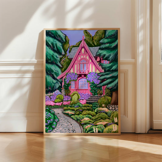 Pink cottage illustration with big bunches of hanging violet & lilac flowers. Plant pots fill the porch & the home is surrounded by nature, with big trees, green bushes & lots of pretty flowers. A soft whimsical fairy tale inspired art.
