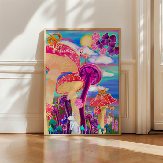 Alice in Wonderland illustration. A surrealist illustration inspired by alice in wonderland with giant fungi, trippy toadstools, flowers in the sky and much more. Nods to the novel are found throughout from the flamingo to the Cheshire cat and the dodo. Bright pinks, blues and purples, this illustration is very psychedelic. A small signature in white the corner. Designed by Rebecca Gibbs at Rebecca Elizabeth Draws.
