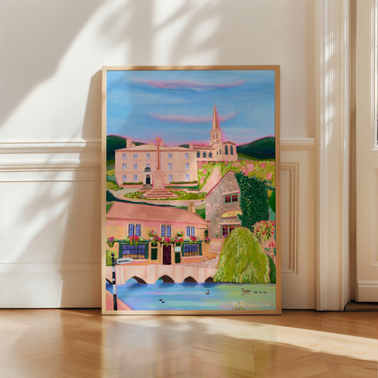 Hand drawn whimsical Bakewell Derbyshire art print with the Bakewell pudding shops, the river Wye, Rutland arms hotel, the church and a few other nods to the cute town. Designed by Rebecca Elizabeth Draws.