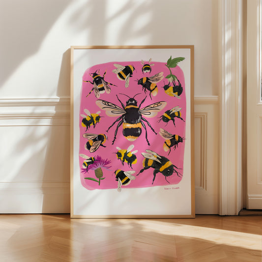 Hand painted bumble bee illustrations compiled together on a pink background, small bees big bees, bees with flowers. A big collection all illustrated by Rebecca Elizabeth Draws.