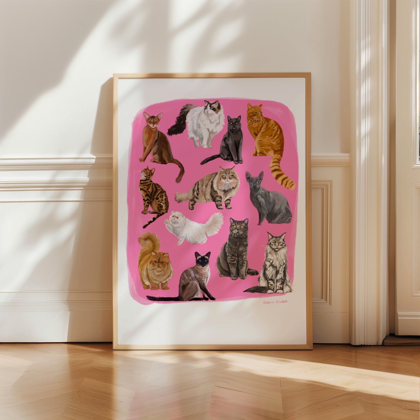 Cat illustrations in a collection on a colourful pink background with a small signature at the bottom. Drawn and designed by rebecca Elizabeth draws.