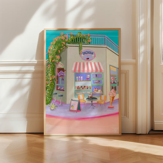 Colourful retro inspired ice cream parlour illustration with hot fudge sundae, banana split and milkshakes. A summer inspired art piece the perfect vibrant companion to your wall. Design by Rebecca Elizabeth Draws.