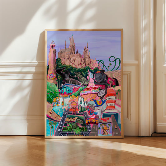illustration of islands of adventure universal orlando florida.Hogwarts castle, hogsmeade, the cat in the hat dr seuss land, jurassic park, roller coasters, toon lagoon, king kong & marvel land. Designed in Rebecca Elizabeth draws colourful style.