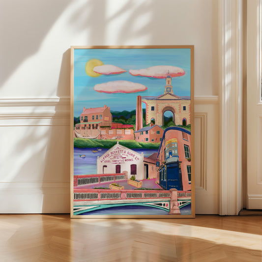 An illustration of Kelham island in Sheffield. Colourful drawings of the following places; Alfred Beckett & Sons Ltd, The Fat Cat Pub, The Riverside Pub, River Don, Green Lane Works Clocktower, The Chimney House. Set against a blue sky with fluffy clouds and the shining sunshine. An illustration with lots of blue and pinks. A small signature in white the corner. Designed by Rebecca Gibbs at Rebecca Elizabeth Draws.