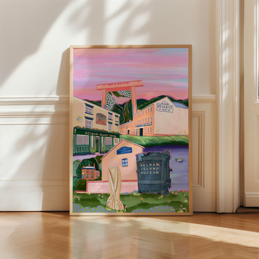 An illustration of Kelham island in Sheffield. Colourful drawings of the following places; Kelham Island Museum, Kelham Island Brewery, Scissor Sculpture, The Fat Cat Pub, Alfred Beckett & Sons Ltd building, Little Kelham & the Kelham Island Tavern. Set against a pink hue sky with lots of greenery and flowers in the foreground. An illustration with lots of blue, green, cream and pink. A small signature in white the corner. Designed by Rebecca Gibbs at Rebecca Elizabeth Draws.