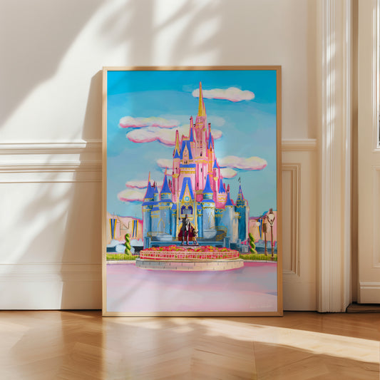 Illustration of magical castle in magic kingdom, Orlando Florida. In baby pinks and blues against a summery blue sky with white fluffy clouds. Art by Rebecca Elizabeth Draws.