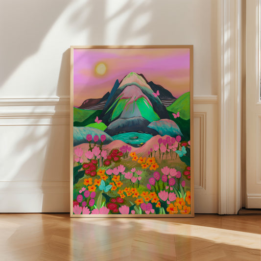 A magical mountain escape from the depths of my imagination. This illustration features an abundance of pink, yellow, orange flowers with pink and blue butterflies. The mountains are pink, grey, navy and splashes of a bright almost neon green. At the bottom of the mountain there is a small pool with a girl in the water. The sky is a hue of pinks and yellows with the sun shining. There is a small signature in white the corner. Designed by Rebecca Gibbs at Rebecca Elizabeth Draws.