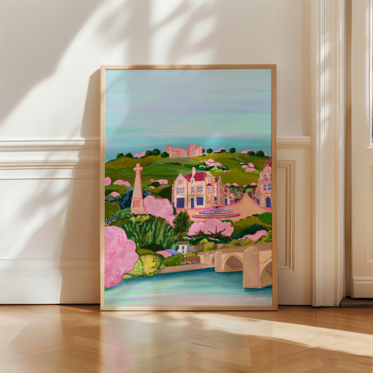 Colourful hand drawn illustration of matlock Derbyshire. Featuring riber castle, river Derwent, crown square, Pic Tor War Memorial, the duke william pub. All set against green hills in Rebecca Elizabeth draws signature style.