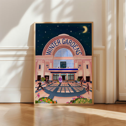 Winter gardens, Blackpool. This illustration is inspired by Northern Soul dance with vibrant dancing figures in the foreground, silhouetted in black and bright orange and pink behind. The winter gardens building is behind illustrated in soft pink and light orange colours and then there are flower and plants in the foreground. It is set to a dark blue night sky with stars and the moon. There is a small signature in white the corner. Designed by Rebecca Gibbs at Rebecca Elizabeth Draws.