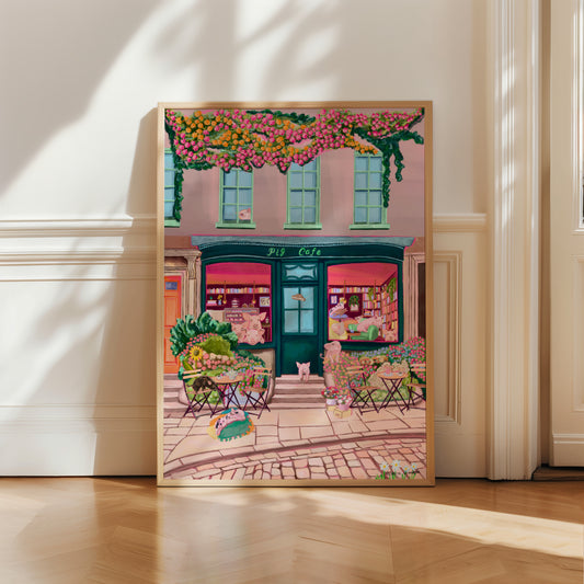 A colourful pig café illustration inspired by mipig in Japan. A shop front full of big pigs and little pigs, bookcases & a pastry counter. A classic and whimsical rebecca Elizabeth draws shop front print.