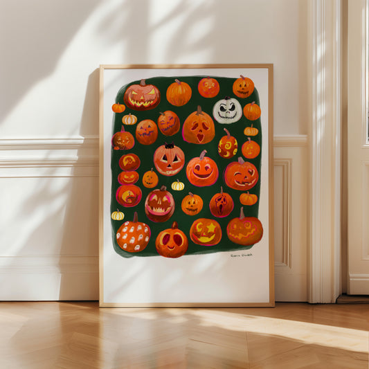 A selection of pumpkin illustrations with carved faces, painted faces in different sizes and shapes. All drawn in traditional oranges, with a couple of white gourds on a dark green background.