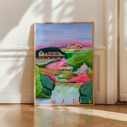 A vibrant and colourful illustration of Queens Park Chesterfield in Derbyshire. An illustration including queen’s parks pond, train, cricket building, glass building, café and more. Green trees and plants with vibrant pink blossom trees. There is a small signature in white the corner. Designed by Rebecca Gibbs at Rebecca Elizabeth Draws.