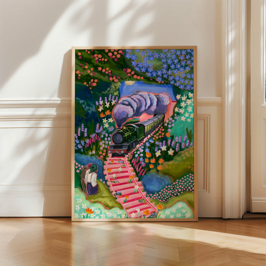 Illustration Inspired by the book The Railway Children. The children watch the old fashioned steam train through the countryside surrounded by flowers, plants & trees, with lots of pink and green and blue. Pink railway tracks & a green steam train