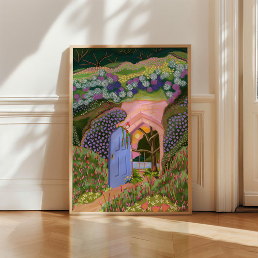 An illustration Inspired by the classic book 'The Secret Garden' by Frances Hodgson Burnett. A door surrounded by overgrown bushes and plants, a small robin perched on the top of the door and a small peak at what is inside. The secret garden with a rope swing hanging from a tree, a lake, and a setting sun. this illustration is full of lots of shades of green and pink and purple. There is a small signature in white the corner. Designed by Rebecca Gibbs at Rebecca Elizabeth Draws.