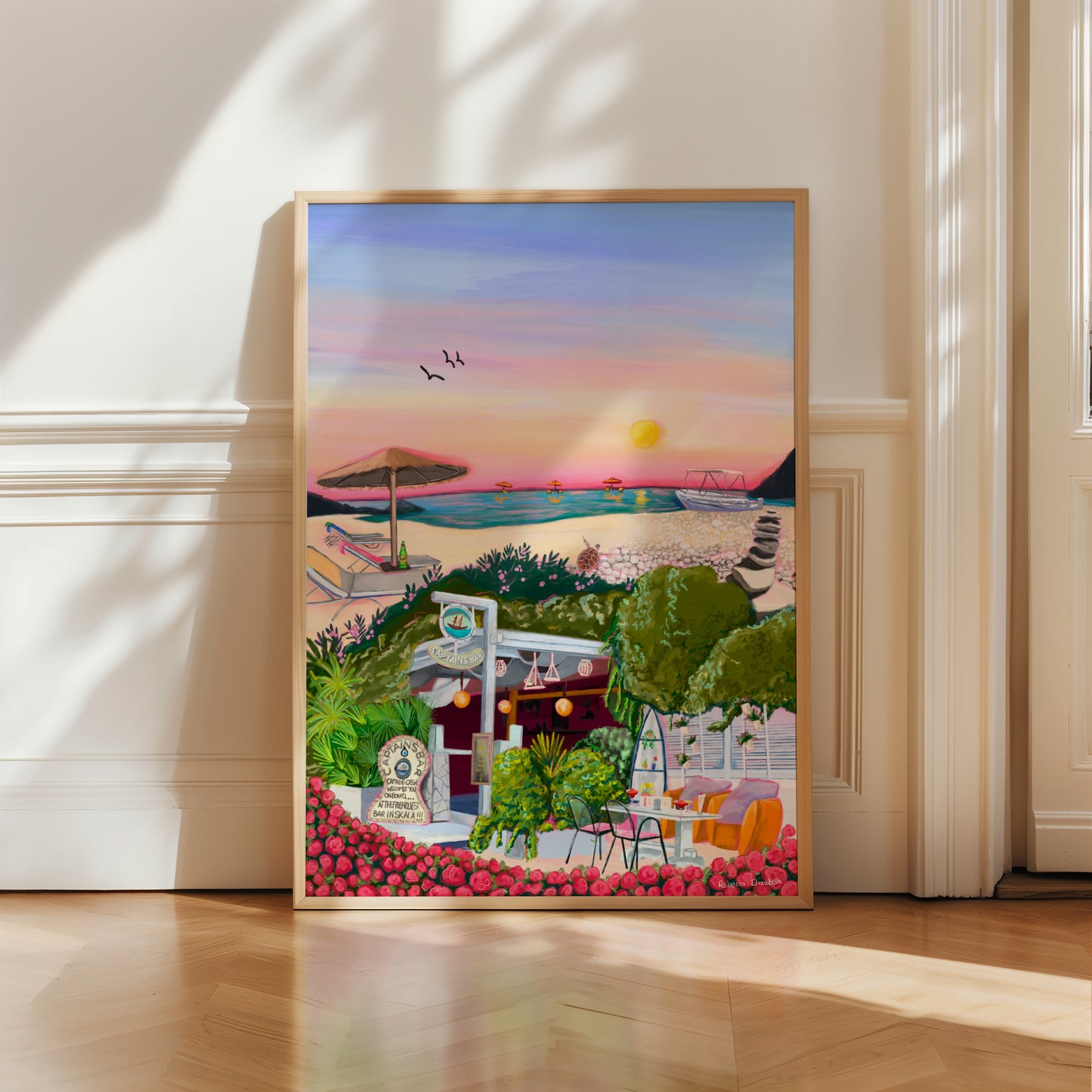 Sunset sky over Skala beaches in Kefalonia. Traditional Greek Island inspired illustration with lots of colour and the iconic captains bar featured at the front. For all the Greece lovers out there, designed by Rebecca Elizabeth Draws.