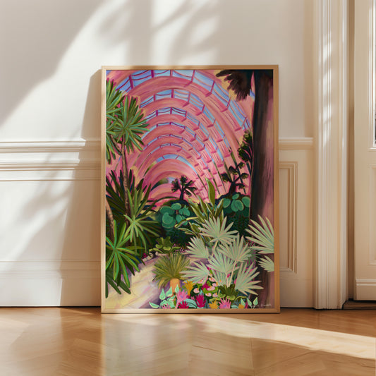 An illustration of the Winter Gardens in Sheffield, an indoor perspective of the glass house full of botanical and tropical plants. Lots of greenery set against the rounded architecture of the ceiling in pink. There is a small signature in white the corner. Designed by Rebecca Gibbs at Rebecca Elizabeth Draws.