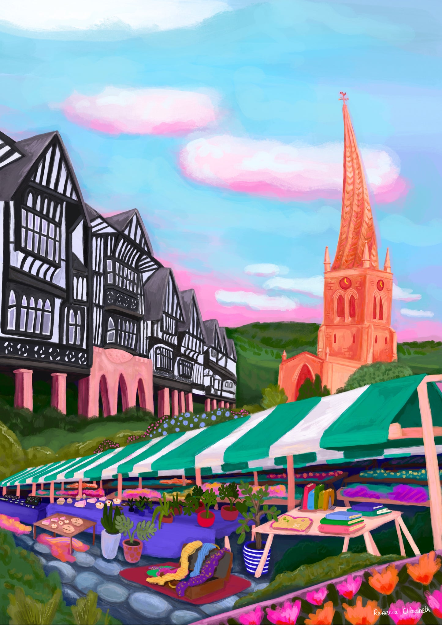 An illustration of the Derbyshire town Chesterfield. A summer illustration featuring the famous crooked spire, market stalls and Tudor buildings. Soft blue sky with fluffy clouds, this art piece is a soft representation of the market town. A small signature in white the corner. Designed by Rebecca Gibbs at Rebecca Elizabeth Draws.