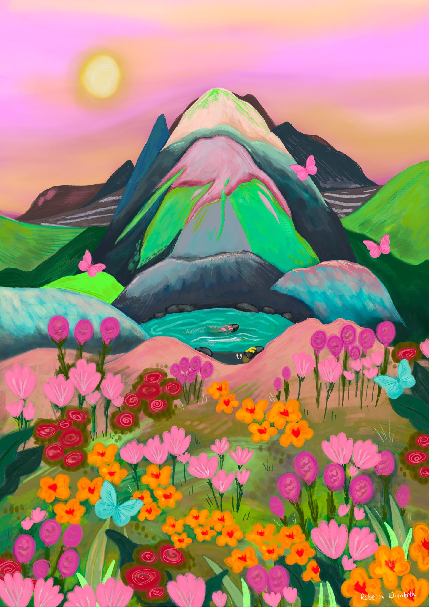 A magical mountain escape from the depths of my imagination. This illustration features an abundance of pink, yellow, orange flowers with pink and blue butterflies. The mountains are pink, grey, navy and splashes of a bright almost neon green. At the bottom of the mountain there is a small pool with a girl in the water. The sky is a hue of pinks and yellows with the sun shining. There is a small signature in white the corner. Designed by Rebecca Gibbs at Rebecca Elizabeth Draws.