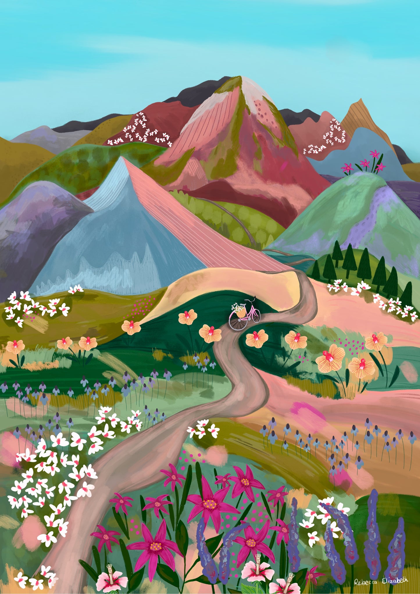 An illustration of a bike ride through the mountains. Fields of flowers in shades of green, pink, lilac, white and more. A winding path taken by the bicycle to the bottom of the mountains and then rolling mountains in lots of colours. These are muted but colourful rainbow mountains. There is a small signature in white the corner. Designed by Rebecca Gibbs at Rebecca Elizabeth Draws.