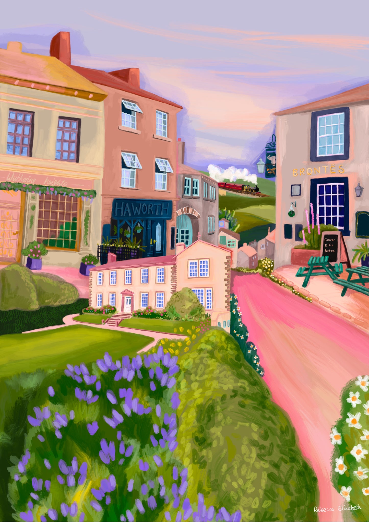 Haworth, the home to the Bronte sisters in Yorkshire. This illustration combines the quaint cobbled streets, the spectacular views across the moors and the Bronte’s family home which is now a museum. In the background there is an illustration of the local steam train that takes you through the Yorkshire countryside. This illustration is designed in soft pink, cream, and lilac colours. A small signature in white the corner. Designed by Rebecca Gibbs at Rebecca Elizabeth Draws.