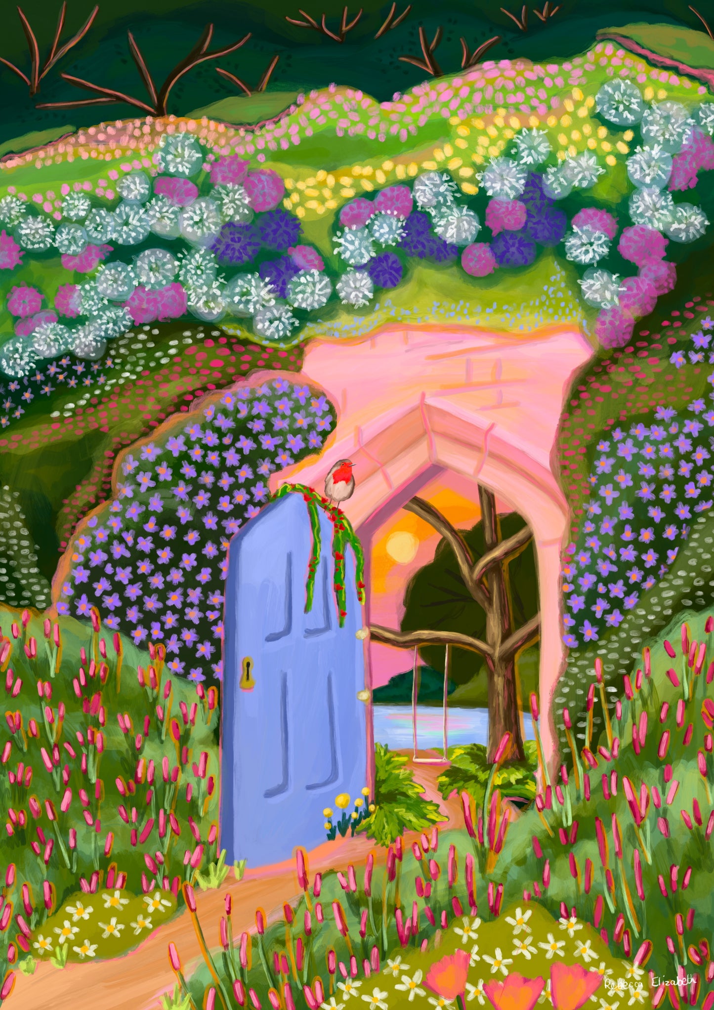 An illustration Inspired by the classic book 'The Secret Garden' by Frances Hodgson Burnett. A door surrounded by overgrown bushes and plants, a small robin perched on the top of the door and a small peak at what is inside. The secret garden with a rope swing hanging from a tree, a lake, and a setting sun. this illustration is full of lots of shades of green and pink and purple. There is a small signature in white the corner. Designed by Rebecca Gibbs at Rebecca Elizabeth Draws.