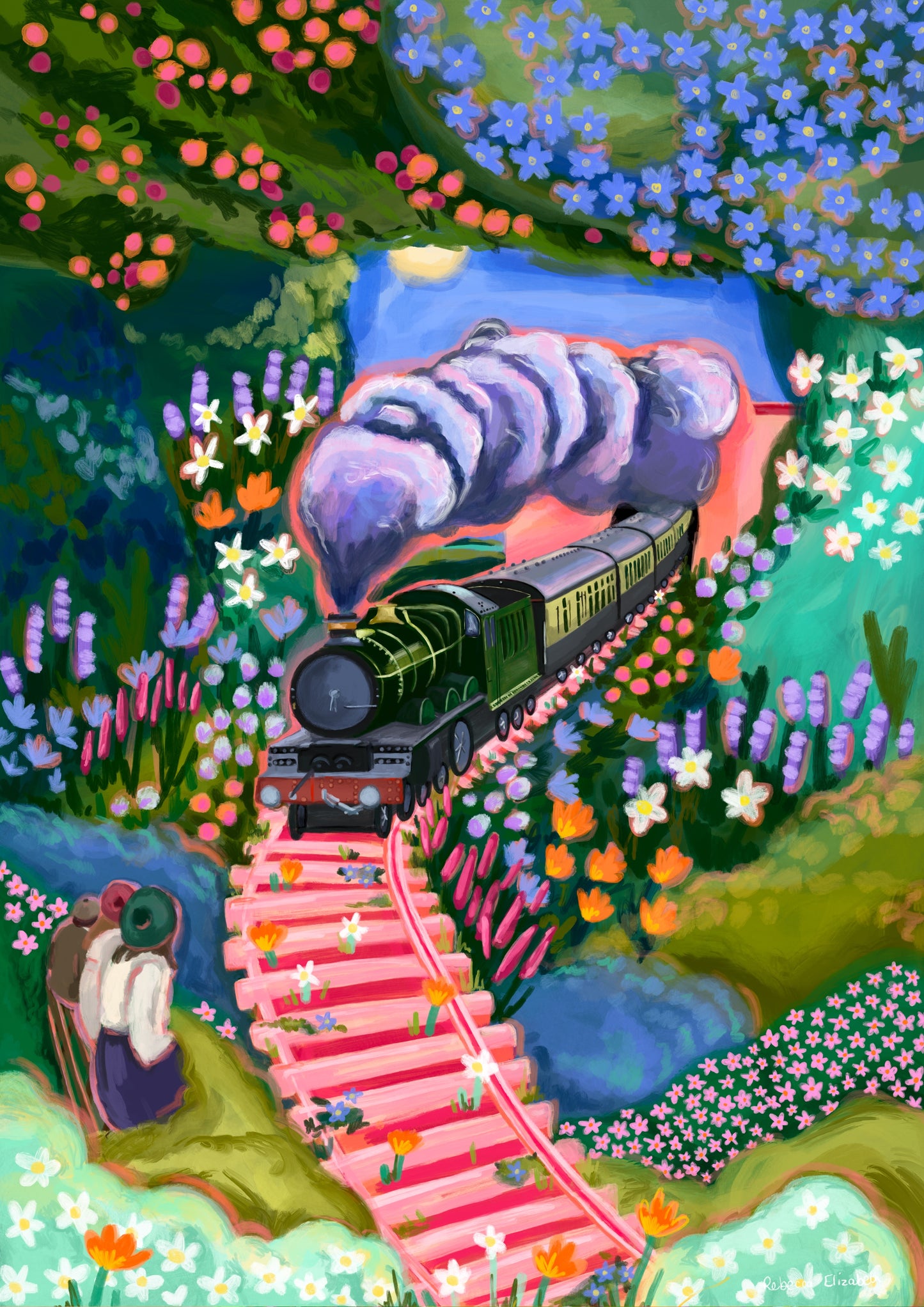 Illustration Inspired by the book The Railway Children. The children watch the old fashioned steam train through the countryside surrounded by flowers, plants & trees, with lots of pink and green and blue. Pink railway tracks & a green steam train