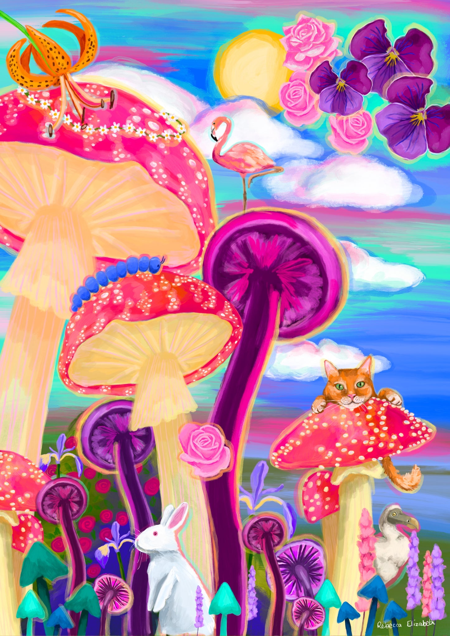 Alice in Wonderland illustration. A surrealist illustration inspired by alice in wonderland with giant fungi, trippy toadstools, flowers in the sky and much more. Nods to the novel are found throughout from the flamingo to the Cheshire cat and the dodo. Bright pinks, blues and purples, this illustration is very psychedelic. A small signature in white the corner. Designed by Rebecca Gibbs at Rebecca Elizabeth Draws.