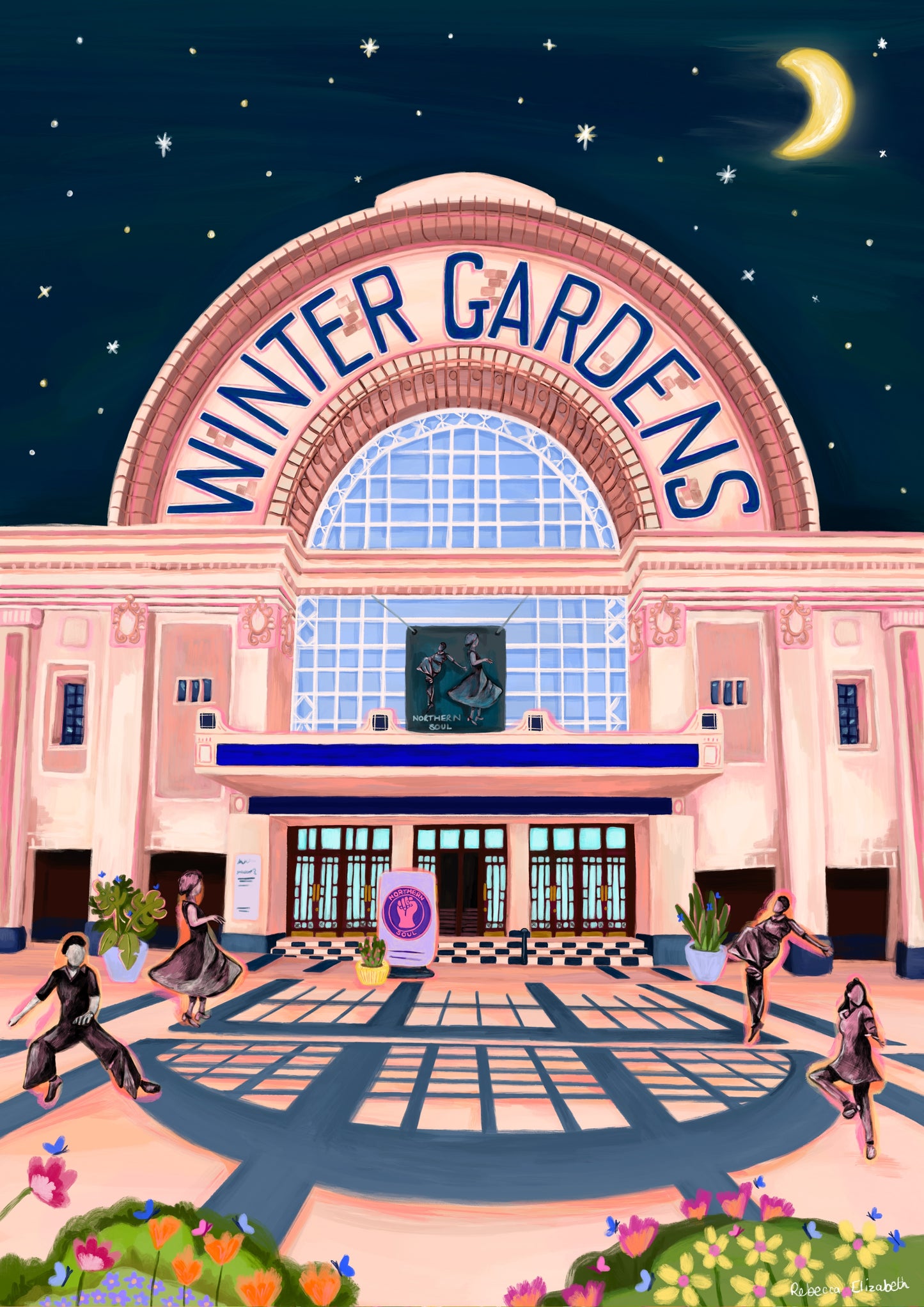 Winter gardens, Blackpool. This illustration is inspired by Northern Soul dance with vibrant dancing figures in the foreground, silhouetted in black and bright orange and pink behind. The winter gardens building is behind illustrated in soft pink and light orange colours and then there are flower and plants in the foreground. It is set to a dark blue night sky with stars and the moon. There is a small signature in white the corner. Designed by Rebecca Gibbs at Rebecca Elizabeth Draws.