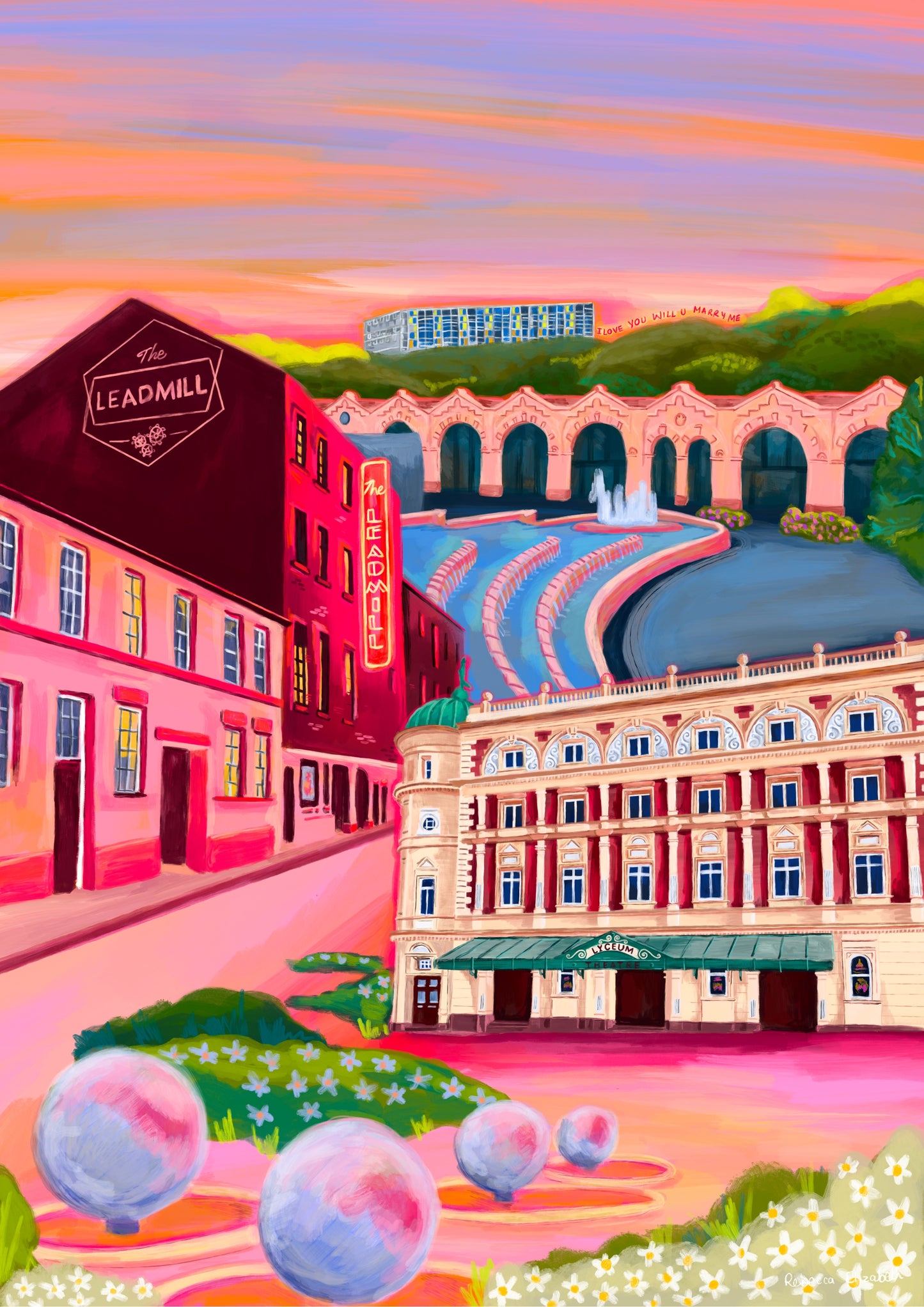 An illustration of Sheffield city, Yorkshire. Featuring The Leadmill, the Lyceum, Sheffield train station, Sheffield Park Hill flats, park hill graffiti and water features. This illustration is very vibrant with bright pinks and oranges, the places featured are collaged together against a purple and orange sky. There is a small signature in white the corner. Designed by Rebecca Gibbs at Rebecca Elizabeth Draws.