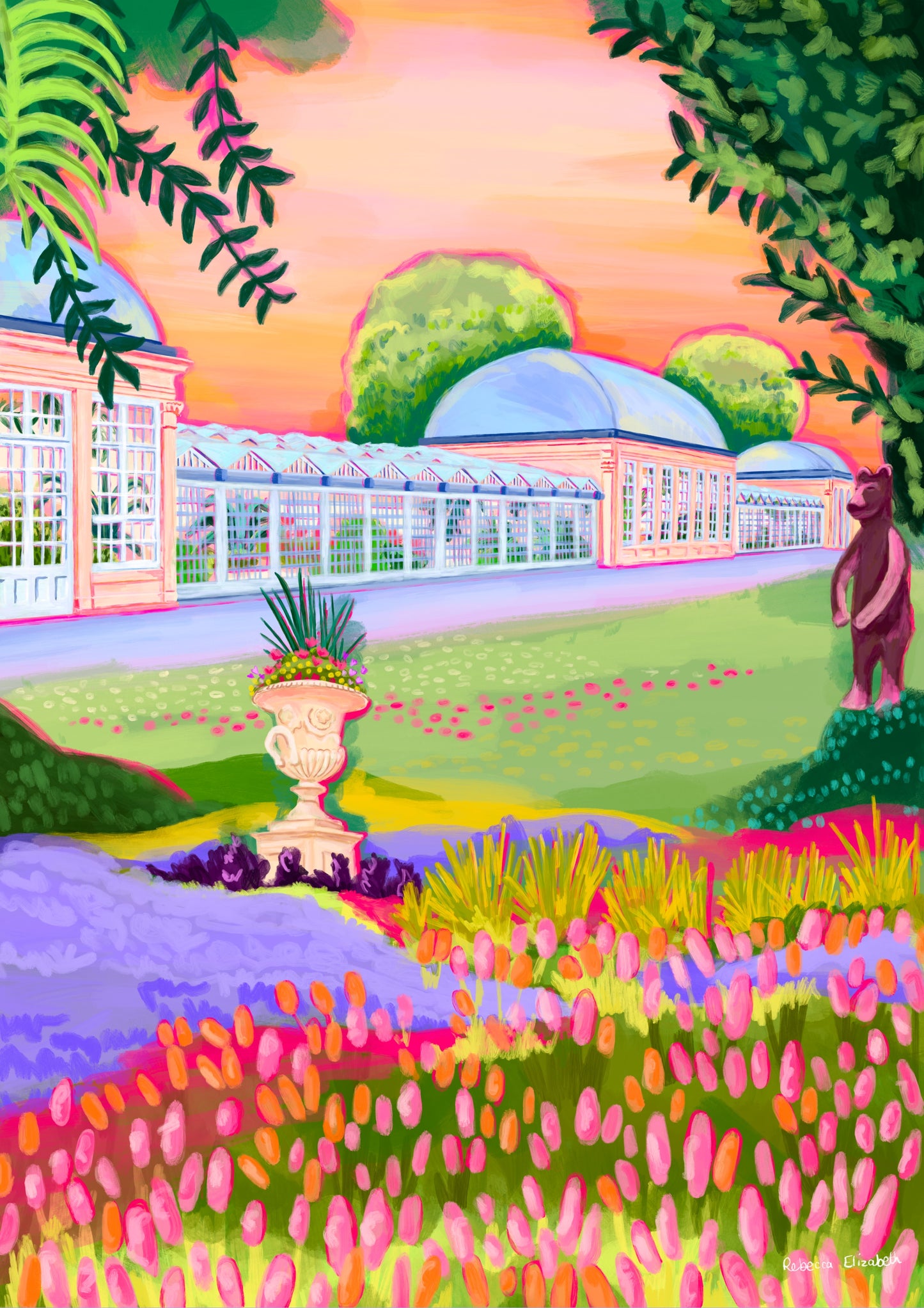 Botanical Gardens in Sheffield Yorkshire. A hand drawn illustration of the glass buildings filled with tropical plants, a field of orange and pink flowers, an orange sky and the bronze bear from the bear pit. Greens, oranges and pink, this illustration is a summery piece that aims to bring joy. A small signature in white the corner. Designed by Rebecca Gibbs at Rebecca Elizabeth Draws.