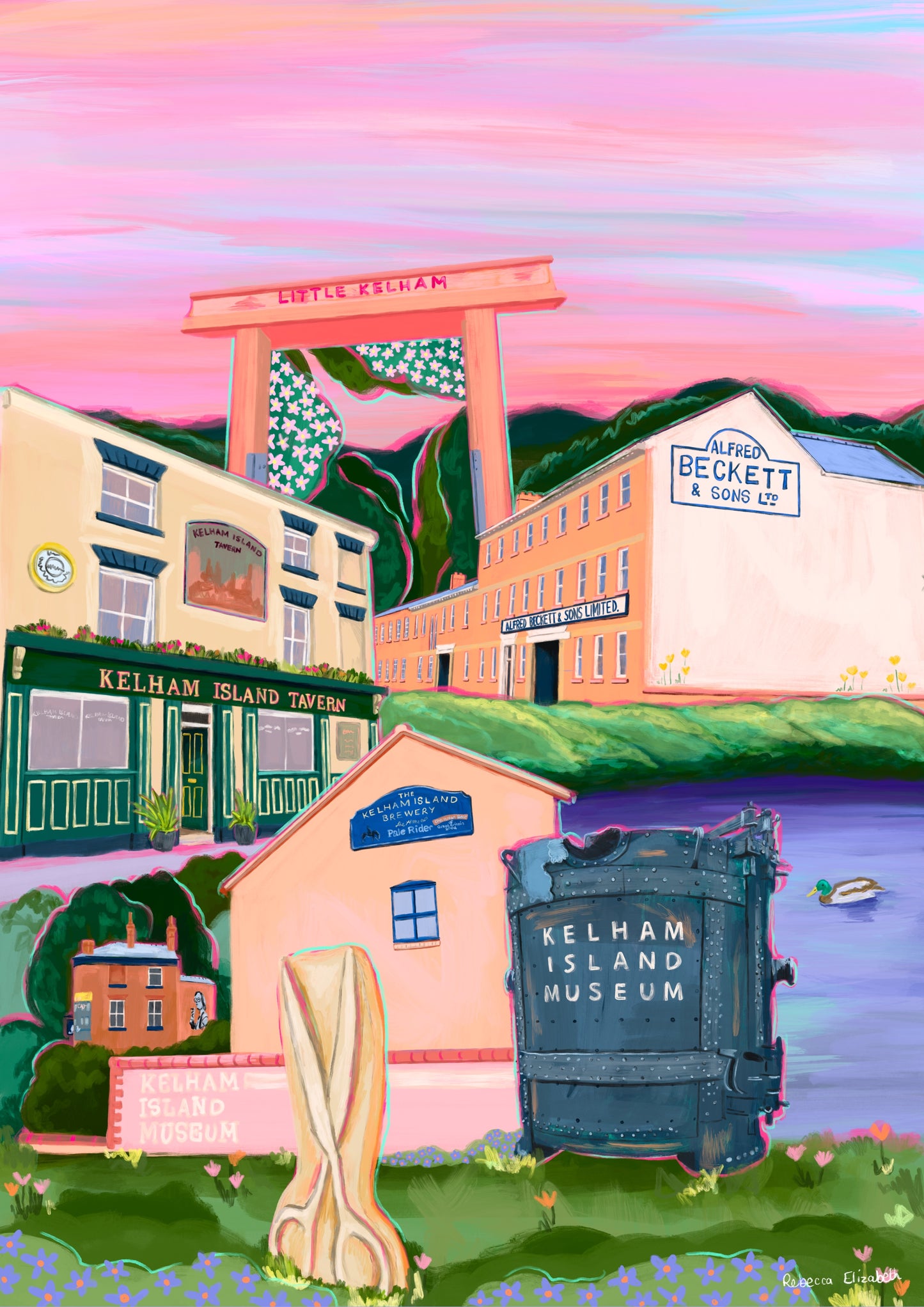 An illustration of Kelham island in Sheffield. Colourful drawings of the following places; Kelham Island Museum, Kelham Island Brewery, Scissor Sculpture, The Fat Cat Pub, Alfred Beckett & Sons Ltd building, Little Kelham & the Kelham Island Tavern. Set against a pink hue sky with lots of greenery and flowers in the foreground. An illustration with lots of blue, green, cream and pink. A small signature in white the corner. Designed by Rebecca Gibbs at Rebecca Elizabeth Draws.
