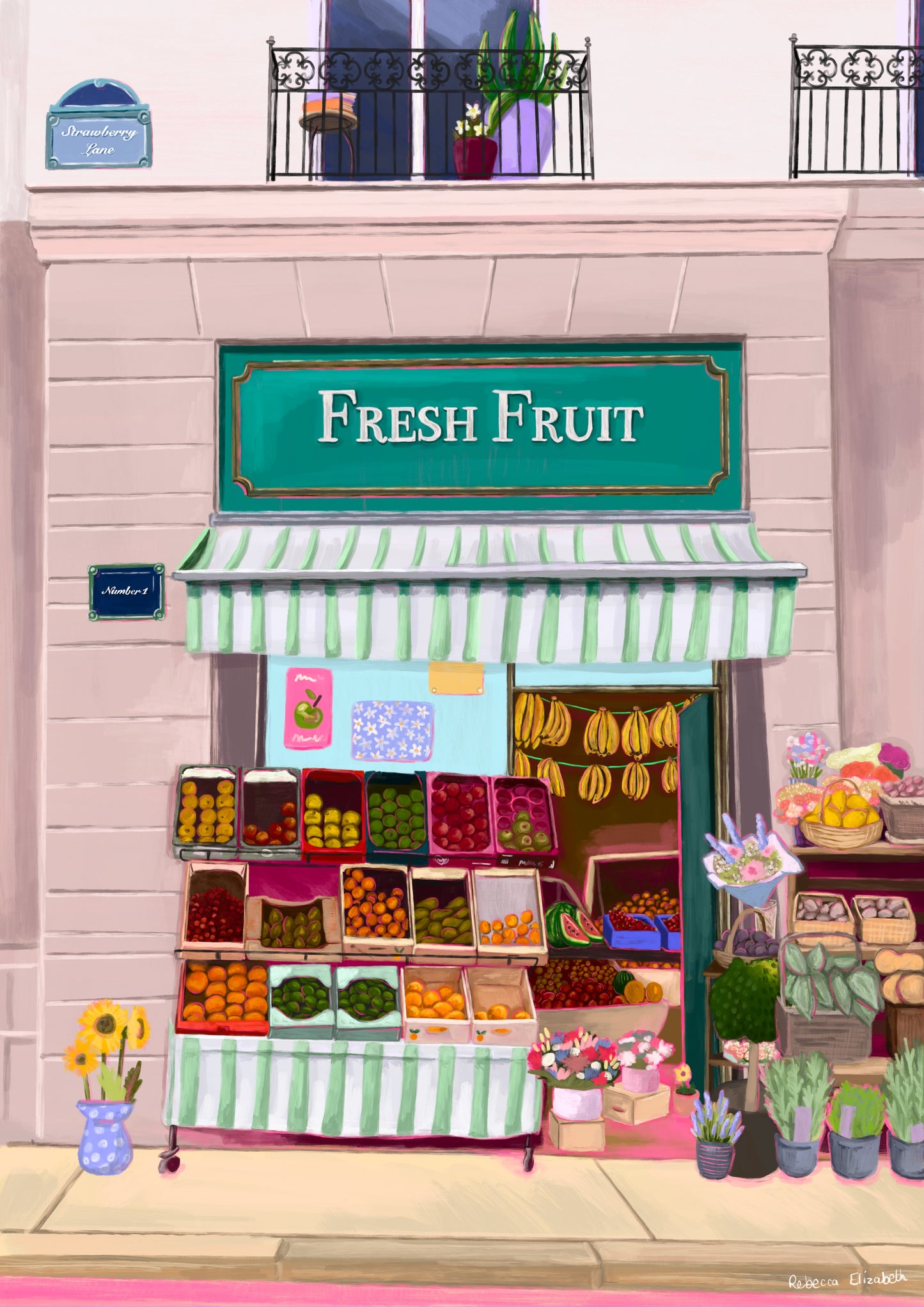 Illustration of a fabulous fruit shop, baskets of fruit line outside the shop, a canopy in mint green & white hangs over & inside you can see boxes of fruit & bananas hanging. The wall has a sign strawberry lane & there is a balcony upstairs.