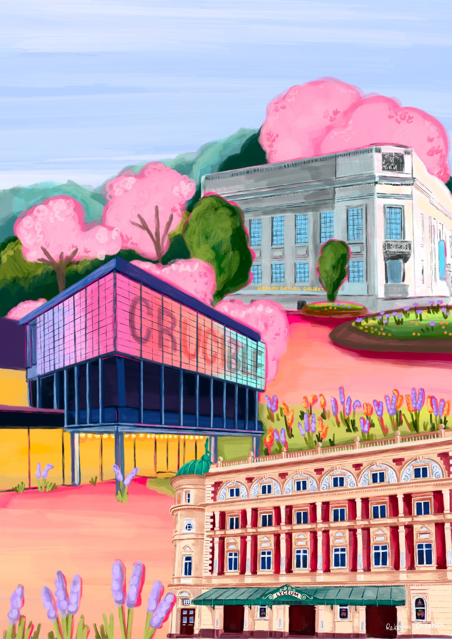 Sheffield theatres illustration, Crucible and Lyceum theatre are illustrated alongside Sheffield library on a background of pink and orange. Trees in both green and pink surround and a baby blue sky.