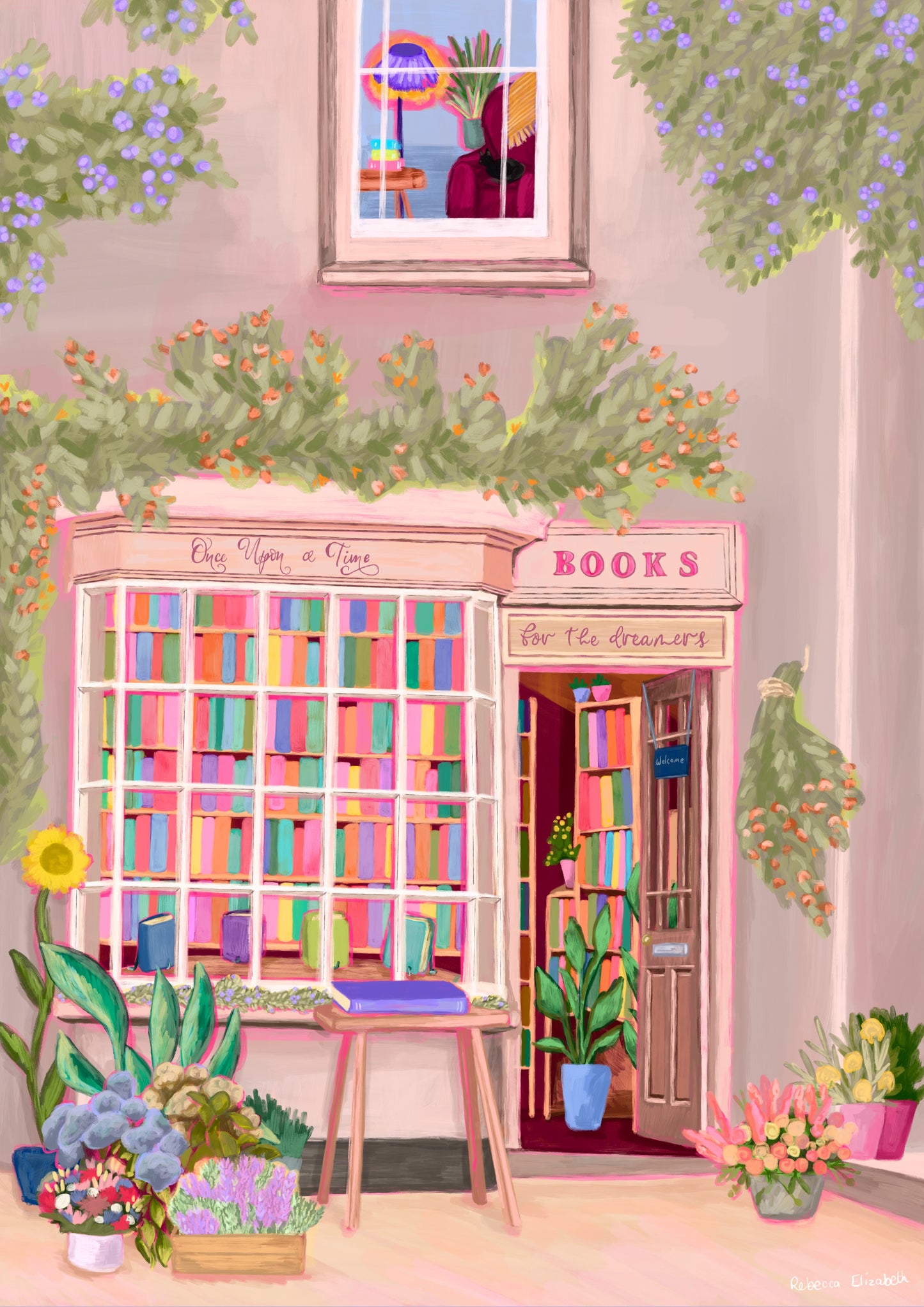 An illustration of a cute bookshop, the window shows the bookshelves inside full of bright coloured book spines. There are books placed stood up at the front. Outside the building is a soft colour with lots of greenery in soft pale greens and orange and lilac flowers. In front of the building there are plant pots and flowers. There is a small signature in white the corner. Designed by Rebecca Gibbs at Rebecca Elizabeth Draws.