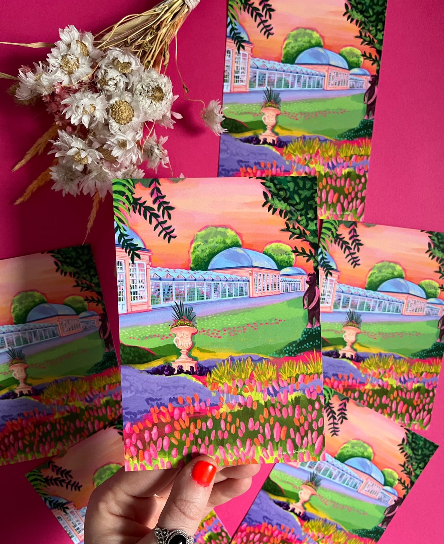 Postcard of illustration of the botanical gardens in Sheffield with bright flowers in the front, the glass building, the bear from the bear pit and an orange hue sky. Designed by Rebecca Elizabeth Draws