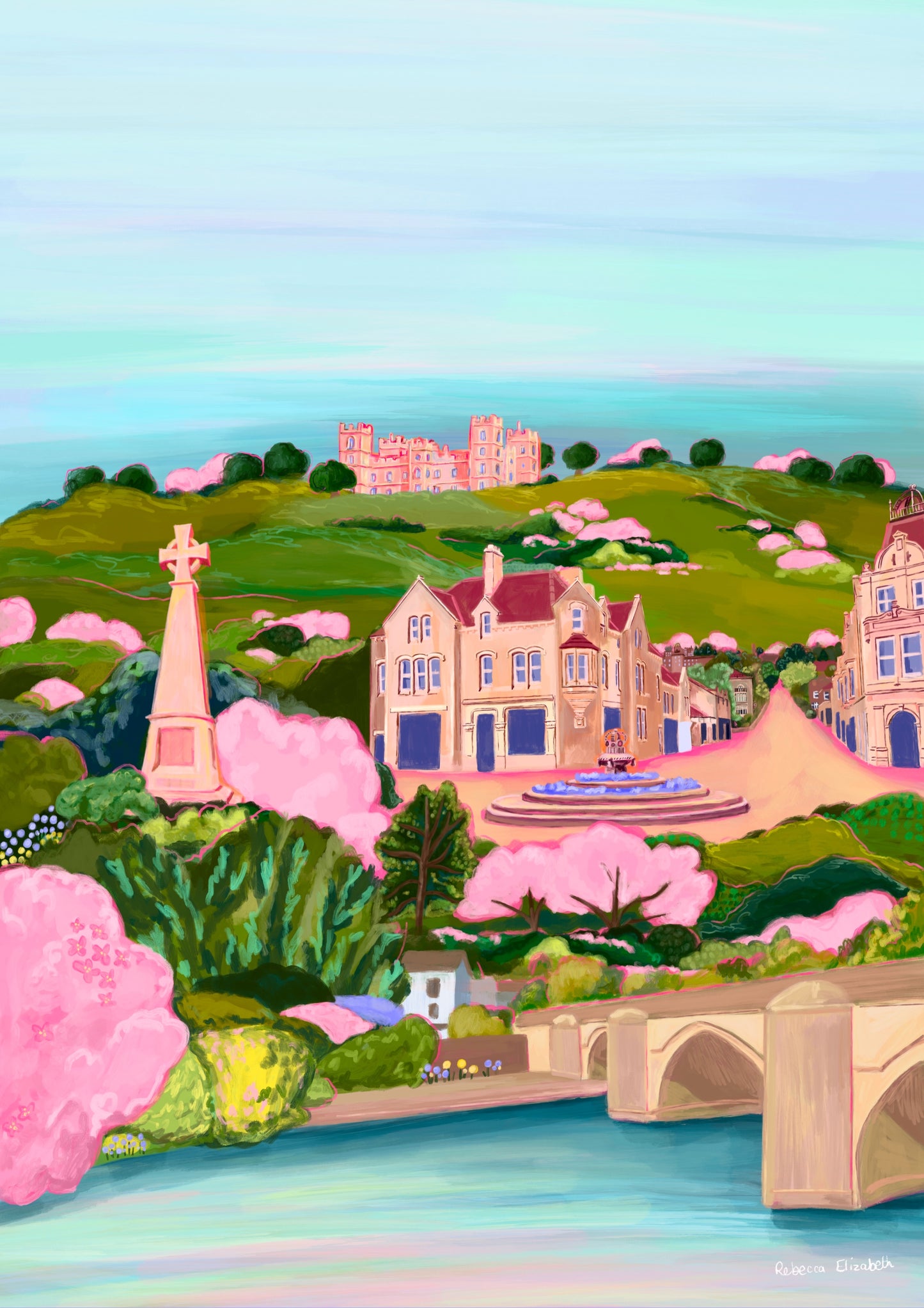 Colourful hand drawn illustration of matlock Derbyshire. Featuring riber castle, river Derwent, crown square, Pic Tor War Memorial, the duke william pub. All set against green hills in Rebecca Elizabeth draws signature style.