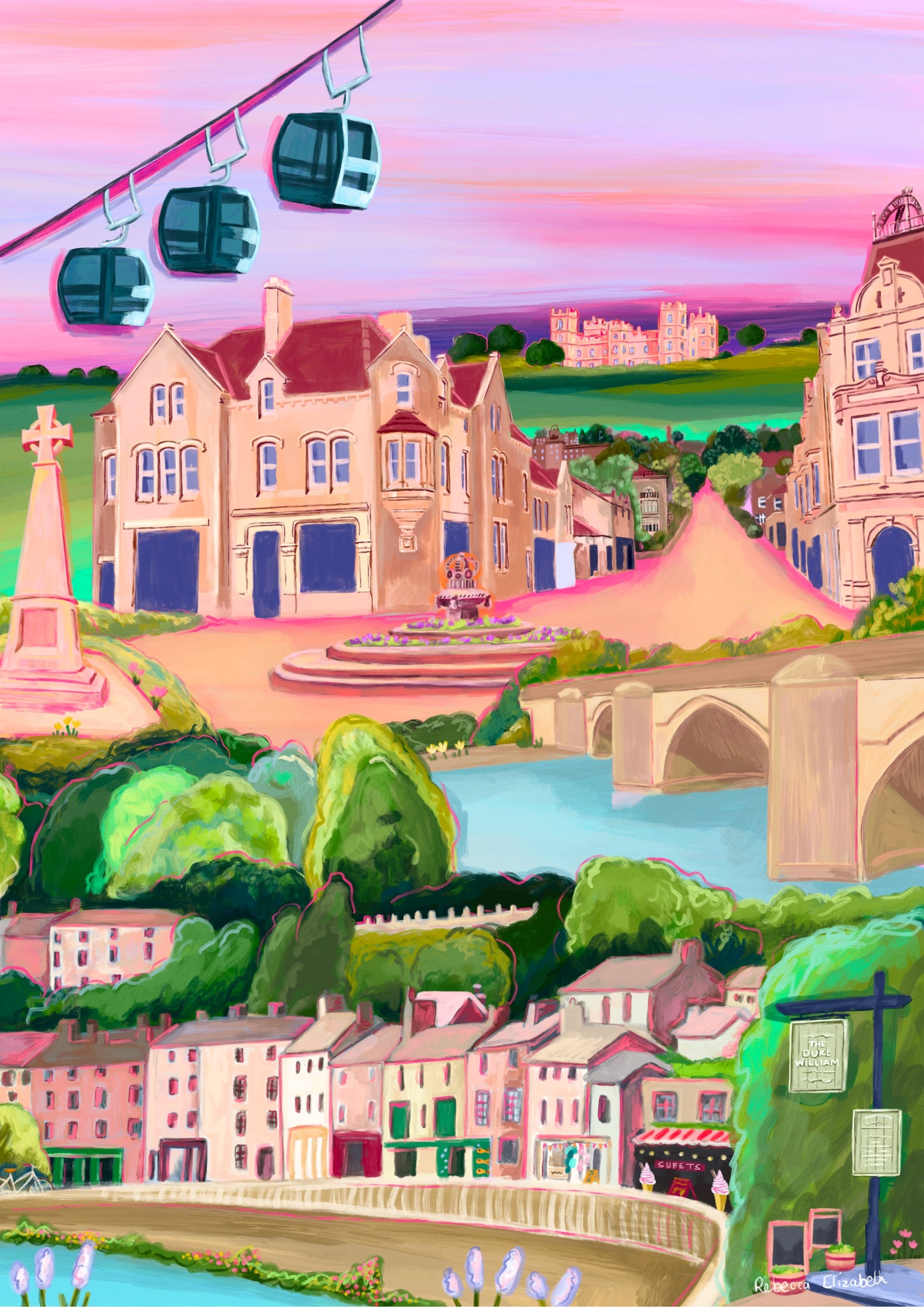 An illustration of Matlock bath and Matlock Derbyshire. Places included are the shops and amusement arcades of Matlock bath, the cable cars and the county offices of Matlock. The war memorial and Riber castle. All set against a pink and purple setting sun sky.